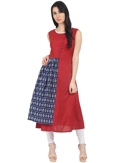 Nayo Red printed sleeveless cotton kurta