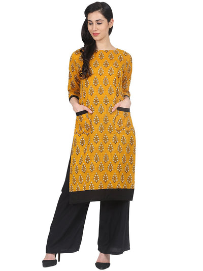 Nayo Yellow printed 3/4th sleeve cotton kurta with double pocket