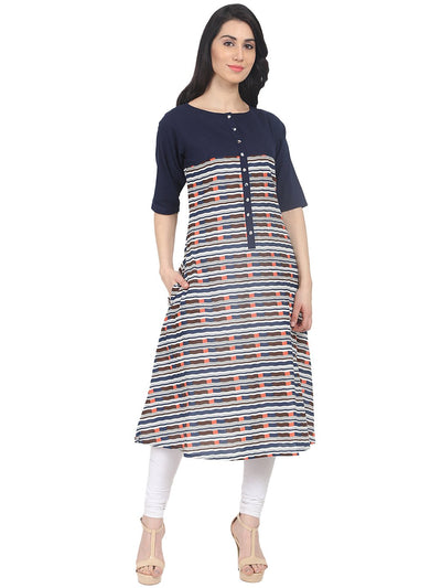 Nayo Blue striped half sleeve cotton A-line kurta with side pocket