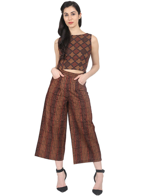 Nayo Brown check sleeveless crop top with striped calf length flared palazzo
