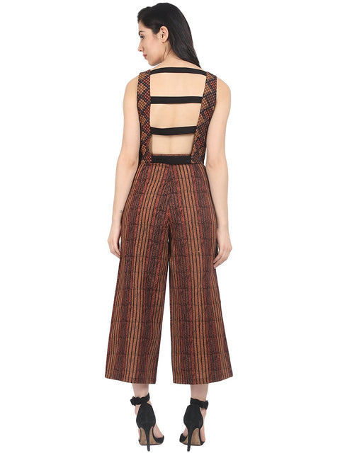 Nayo Brown check sleeveless crop top with striped calf length flared palazzo