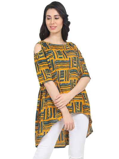 Nayo Mustard printed half sleeve cotton Asymetric top