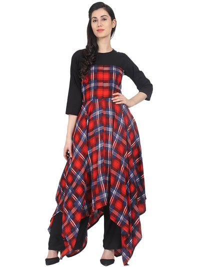 Nayo Red check 3/4th sleeve cotton Asymetric maxi dress