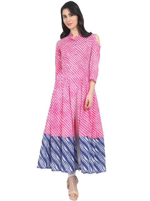 Nayo Pink striped 3/4th sleeve cold shoulder cotton anarkali kurta