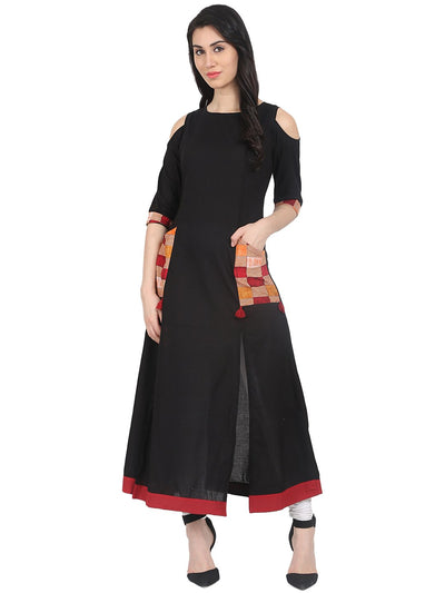 Nayo Black 3/4th sleeve cold shoulder cotton Anarkali Kurta with double pocket