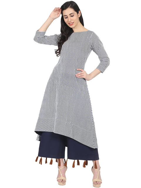 Nayo Blue striped 3/4th sleeve cotton A-line kurta