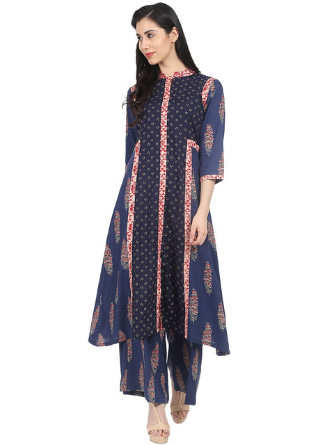 Nayo Blue butta printed half sleeve cotton A-line kurta with printed flared palazzo