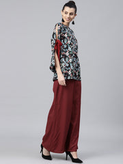 Black & Blue printed full sleeve Crepe tops with red palazzo