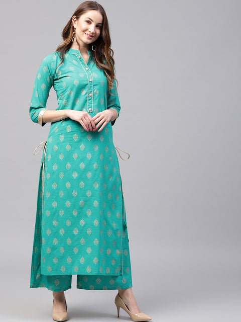 Green printed 3/4th sleeve cotton kurta with green printed ankle length palazzo