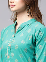 Green printed 3/4th sleeve cotton kurta with green printed ankle length palazzo