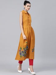 Mustard block printed sleeveless cotton Anarkali kurta