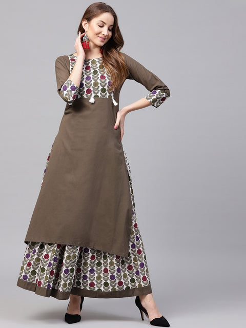 Grey 3/4th sleeve cotton kurta with printed ankle length palazzo