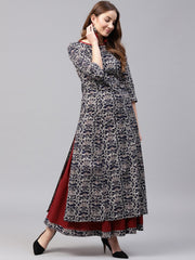 Blue printed 3/4th sleeve cotton kurta with red flared skirt