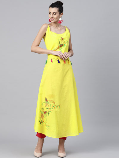 Yellow block printed sleeveless cotton anarkali kurta