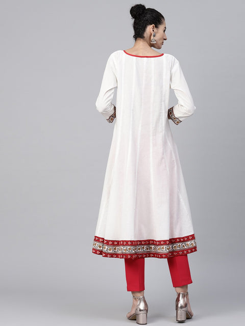 Off white printed 3/4th sleeve cotton Anarkali kurta