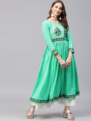 Green 3/4th sleeve block printed Cotton Anarkali kurta