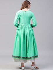Green 3/4th sleeve block printed Cotton Anarkali kurta