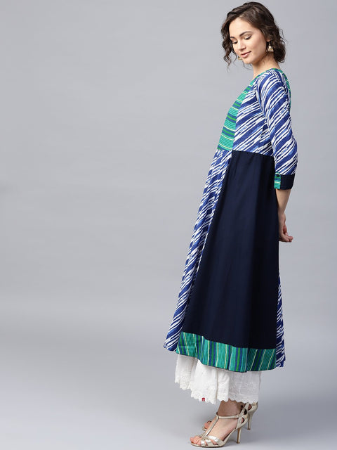 Blue & Green striped 3/4th sleeve cotton Anarkali kurta