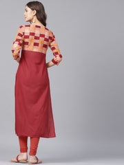 Red printed 3/4th sleeve yoke printed cotton kurta