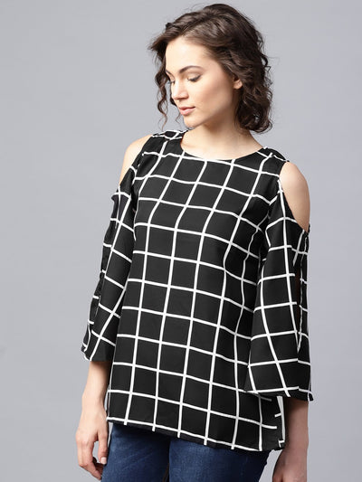 Black checked 3/4th sleeve cold shoulder crepe tunic