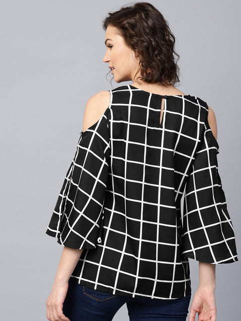 Black checked 3/4th sleeve cold shoulder crepe tunic