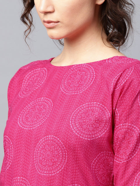 Pink printed half sleeve cotton flared maxi dress