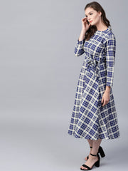 Blue printed 3/4th sleeve cotton A-line maxi dress