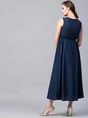 Blue sleeveless cotton A-line maxi dress with yoke printed