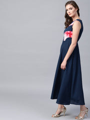 Blue sleeveless cotton A-line maxi dress with yoke printed