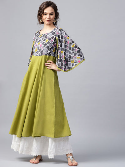 Green 3/4th sleeve cotton Anarkali kurta with yoke printed