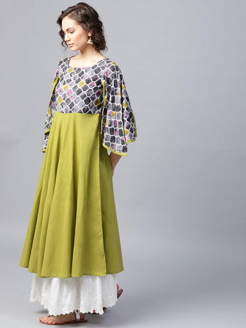Green 3/4th sleeve cotton Anarkali kurta with yoke printed