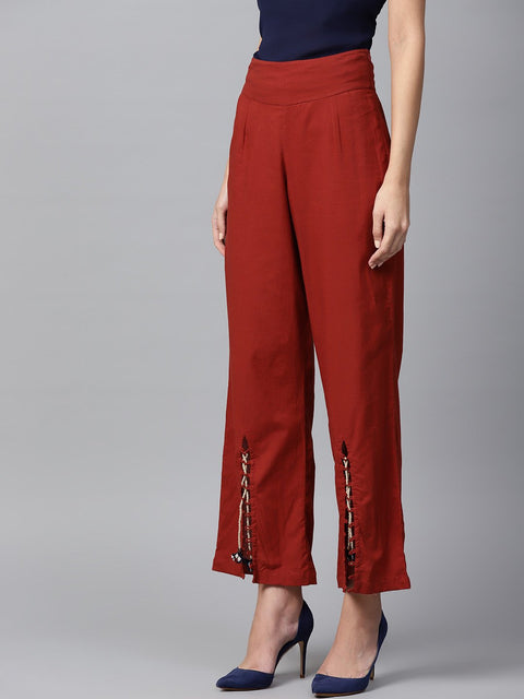 Red cotton straight fit palazzo