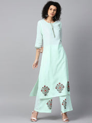 Pista Green 3/4th sleeve cotton block printed A-line kurta with Flared palazzo