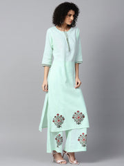 Pista Green 3/4th sleeve cotton block printed A-line kurta with Flared palazzo