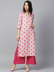Pink printed 3/4th sleeve cotton kurta with solid pink palazzo