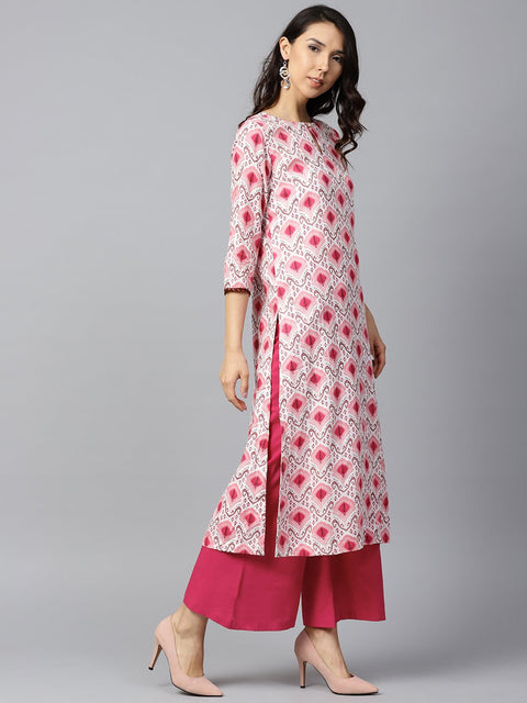 Pink printed 3/4th sleeve cotton kurta with solid pink palazzo