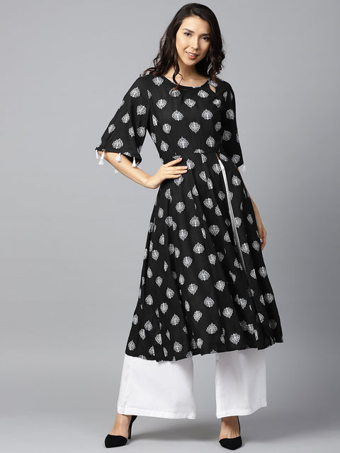 Black printed 3/4th sleeve high slit cotton A-line kurta with off white palazzo