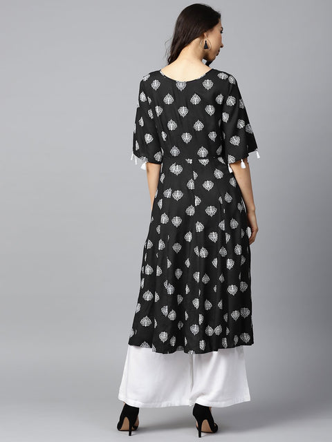 Black printed 3/4th sleeve high slit cotton A-line kurta with off white palazzo