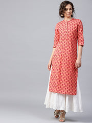 Peach printed 3/4th sleeve cotton straight kurta