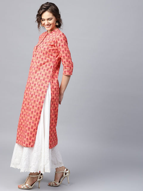 Peach printed 3/4th sleeve cotton straight kurta