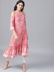 Pink printed 3/4th sleeve cold shoulder cotton A-line kurta