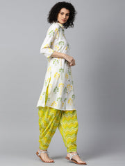 Off white printed 3/4th sleeve cotton kurta with green printed patialla salwar