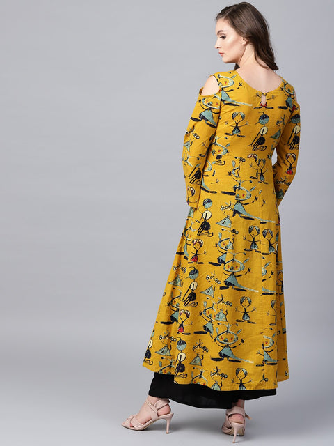 Mustard printed 3/4th sleeve cold shoulder anarkali kurta