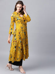 Mustard printed 3/4th sleeve cold shoulder anarkali kurta