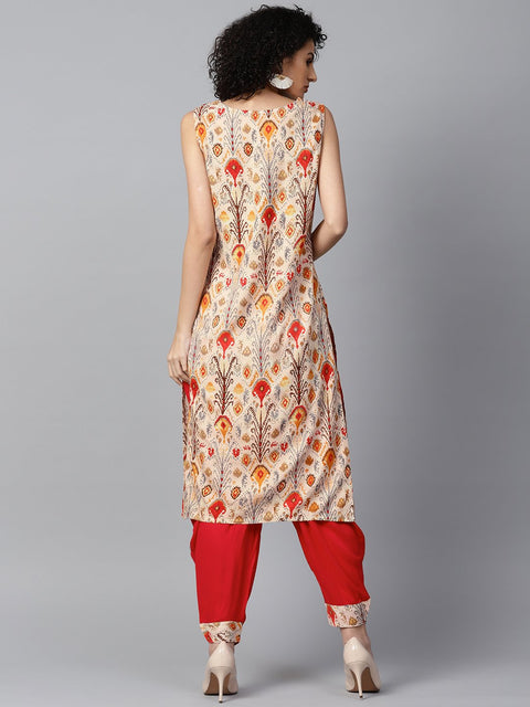 Red printed sleeveless cotton kurta with red ankle length dhoti