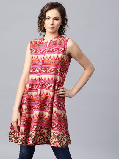 Pink and blue printed sleeveless cotton maxi dress with pocket