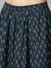 Green sleeveless cotton straight kurta with blue printed skirt