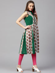 Green printed sleeveless cotton Anarkali kurta