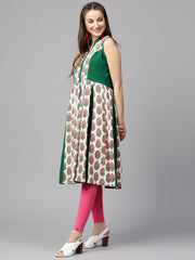 Green printed sleeveless cotton Anarkali kurta
