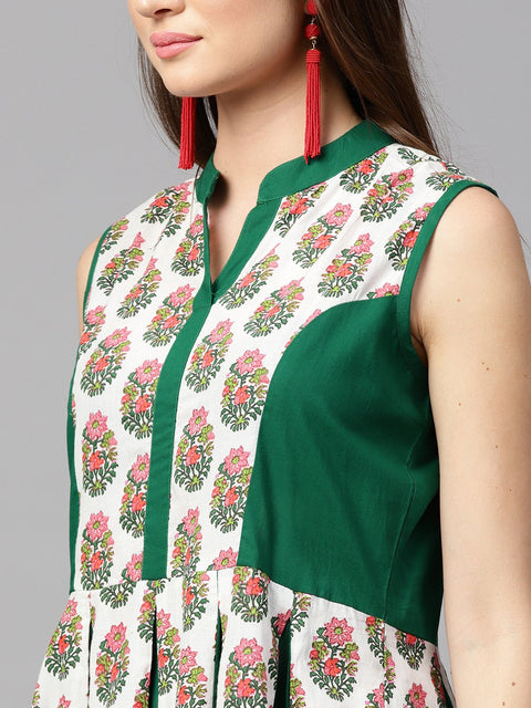 Green printed sleeveless cotton Anarkali kurta